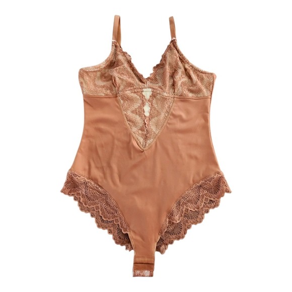 Tdiffun Other - Tdiffun Lace Bodysuit Women V Neck Body Suit Thongs XL Brown Carmel Boho Cowgirl